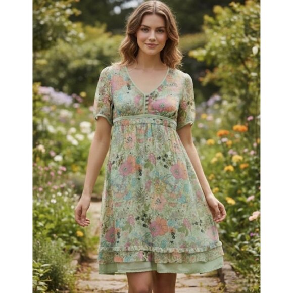 VTG Cynthia Steffe Green Floral Lace Velvet Dress| Whimsigoth Boho Fairycore Y2K - Picture 7 of 8